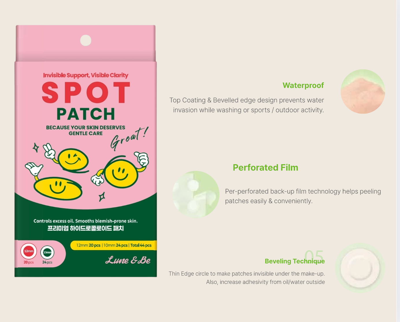 LUNE & BE Spot Patch – 44pcs Hydrocolloid Acne Patches for Blemish Care, Gentle on Sensitive Skin