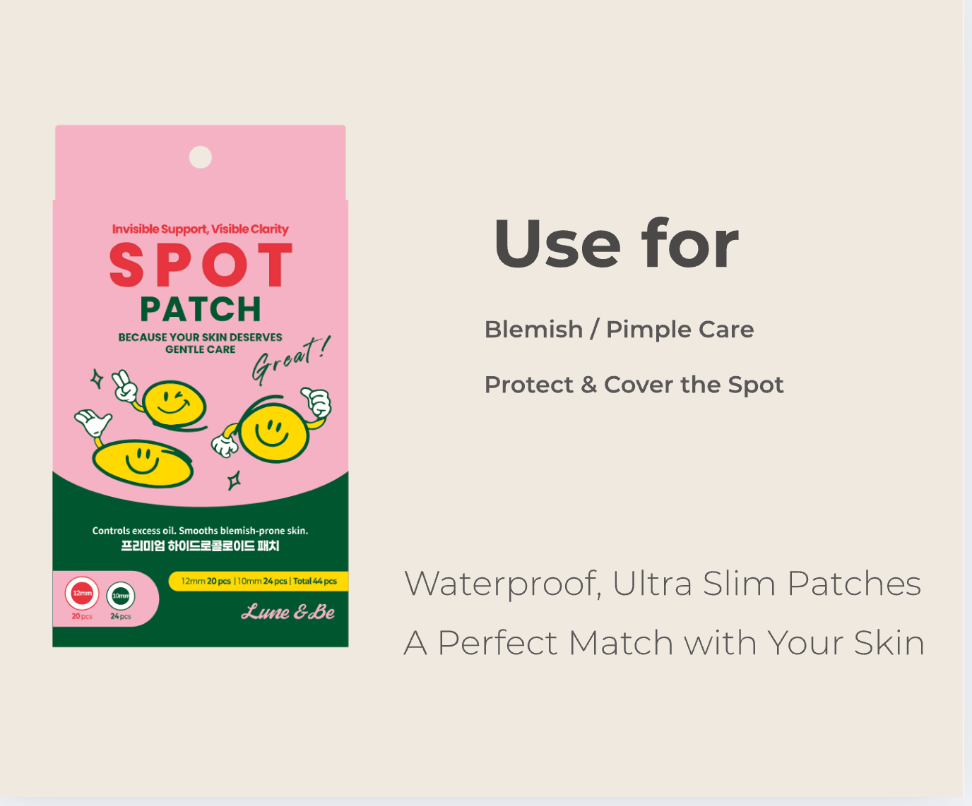 LUNE & BE Spot Patch – 44pcs Hydrocolloid Acne Patches for Blemish Care, Gentle on Sensitive Skin